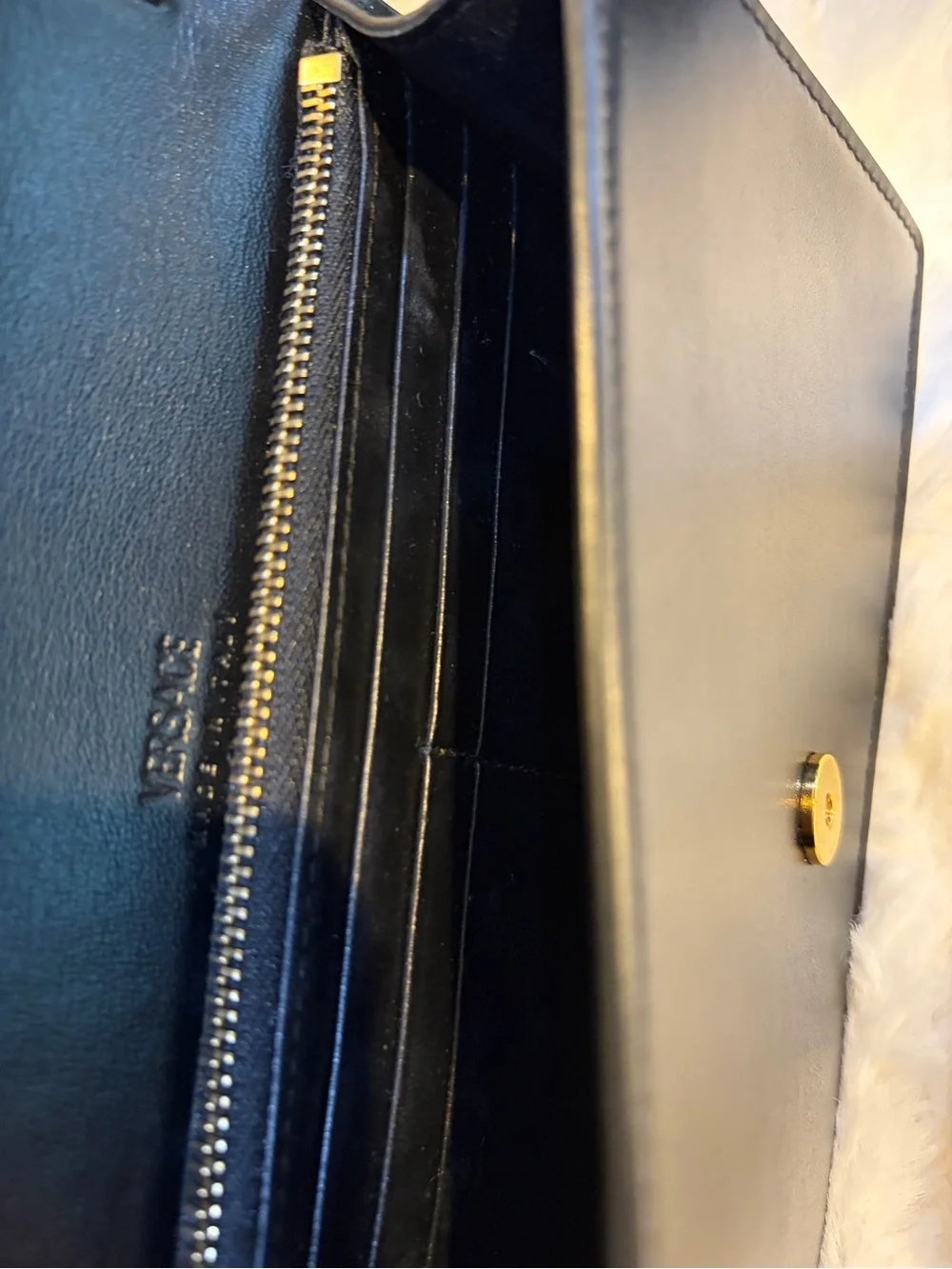 Versace Greca Goddess Black Leather Clutch with Gold Greek-Key Accent